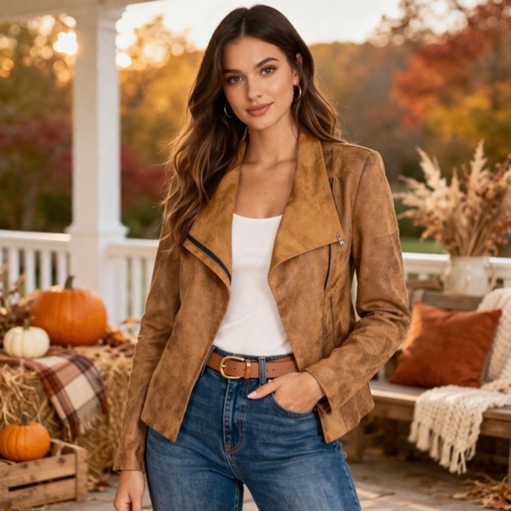 Suede Moto Jacket - Tan Brown Women's Coat